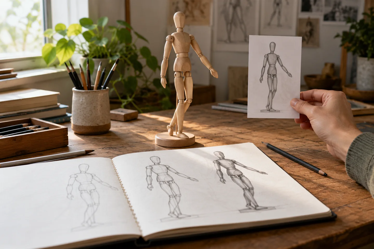 A wooden pose mannequin stands beside figure studies and a hand-held reference card.