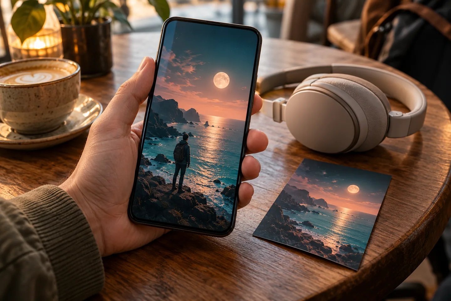 Roka tur telefonu ar oriģinālu piekrastes video mākslas darbu blakus austiņām.