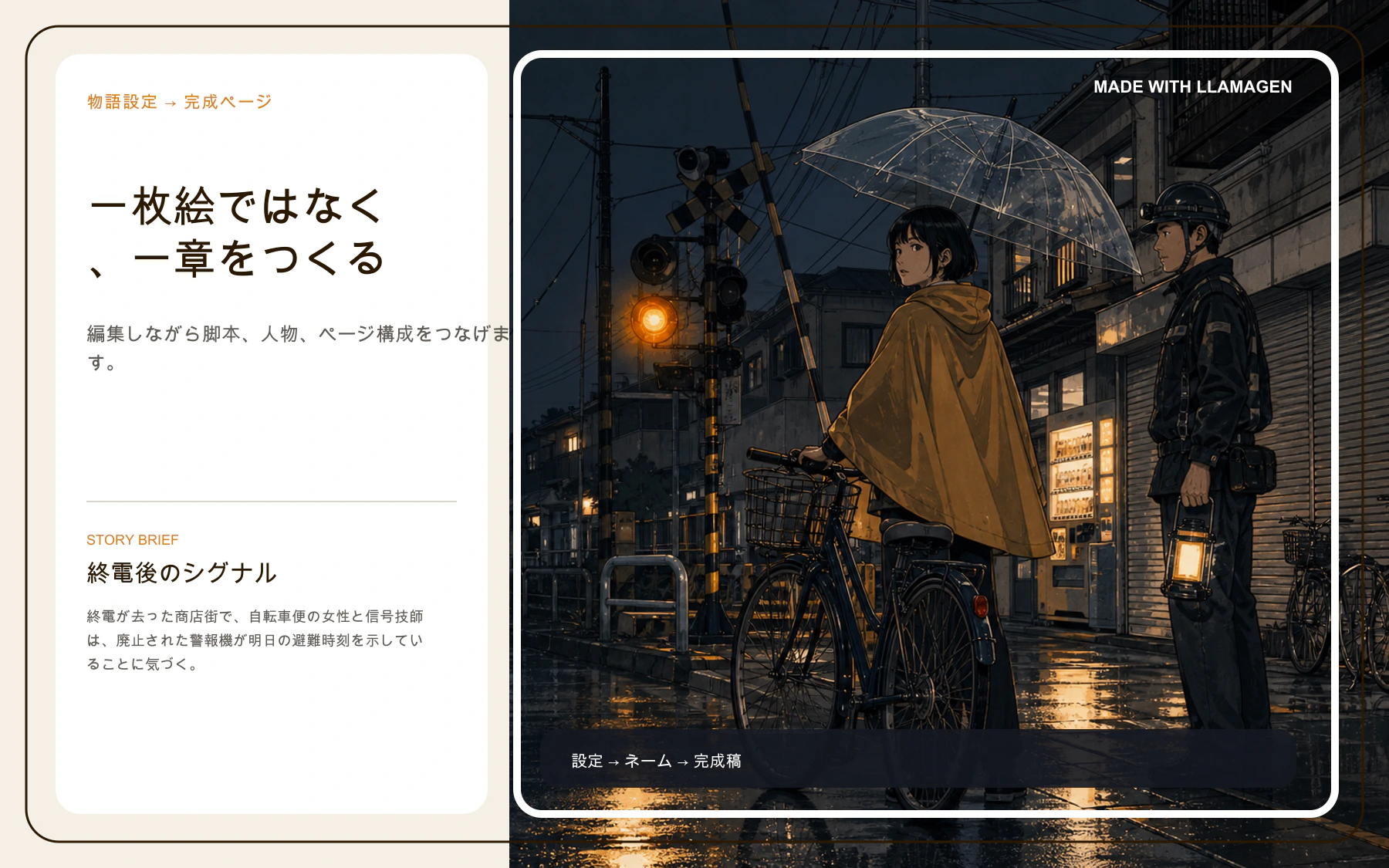 東京のオリジナル脚本、ネーム、完成イラストを示す日本語 Manga Maker 制作工程ポスター