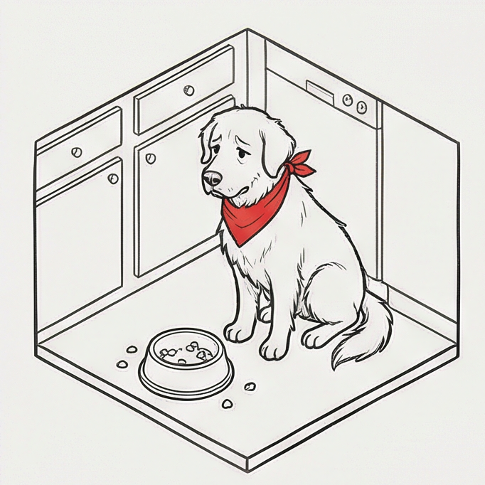 Max sits in a brightly lit family kitchen, looking sadly at his half-eaten bowl of bland dog food.