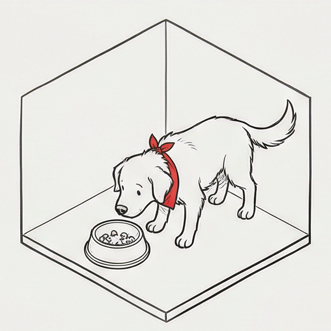 Max sniffs his food and hesitantly takes a bite, but quickly turns away, leaving his food untouched.