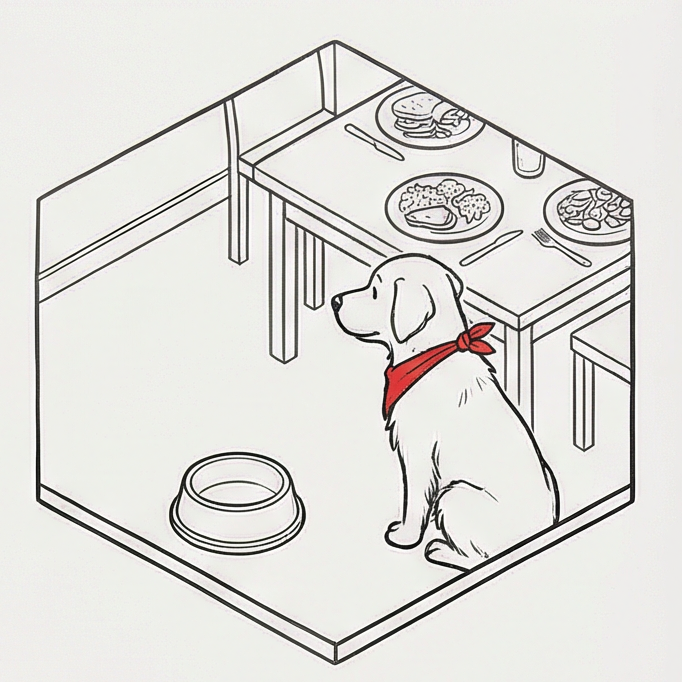 Max glances longingly at the family’s dinner table, where delicious food is being served.