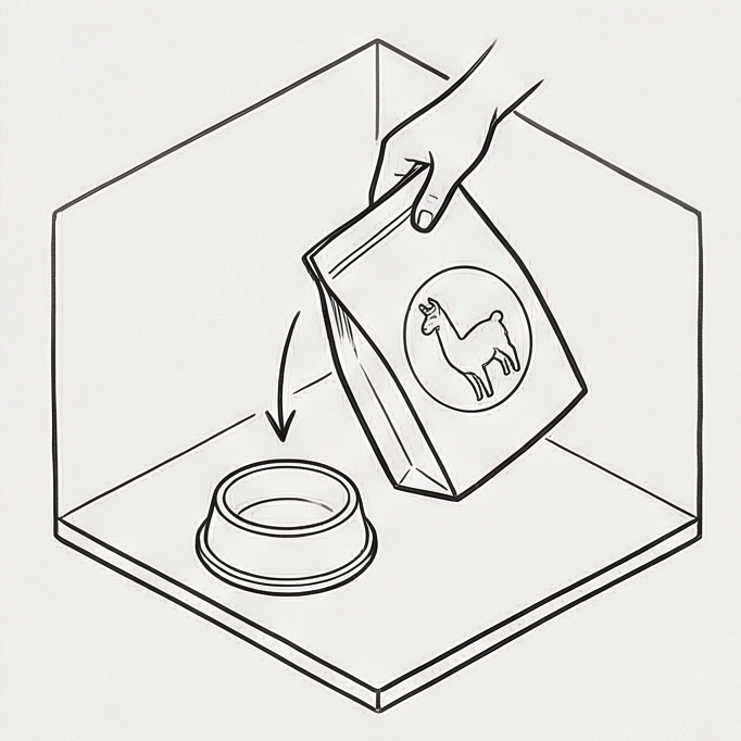 A hand reaches down with a new, vibrant bag of LlamaGen Dog Food, the logo clearly visible.