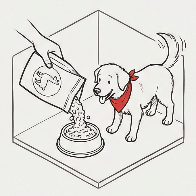 Max watches excitedly as his owner pours LlamaGen Dog Food into his clean bowl; the food looks fresh and appetizing.