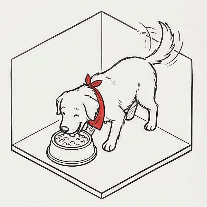 Max eagerly digs into his new meal, eating happily and energetically.