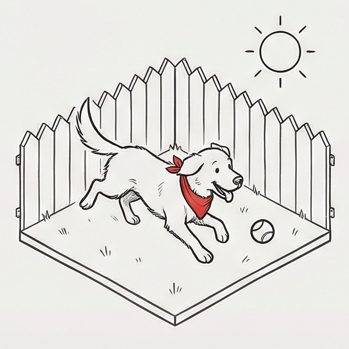 Max runs outside, full of energy, chasing a ball across a sunlit yard.