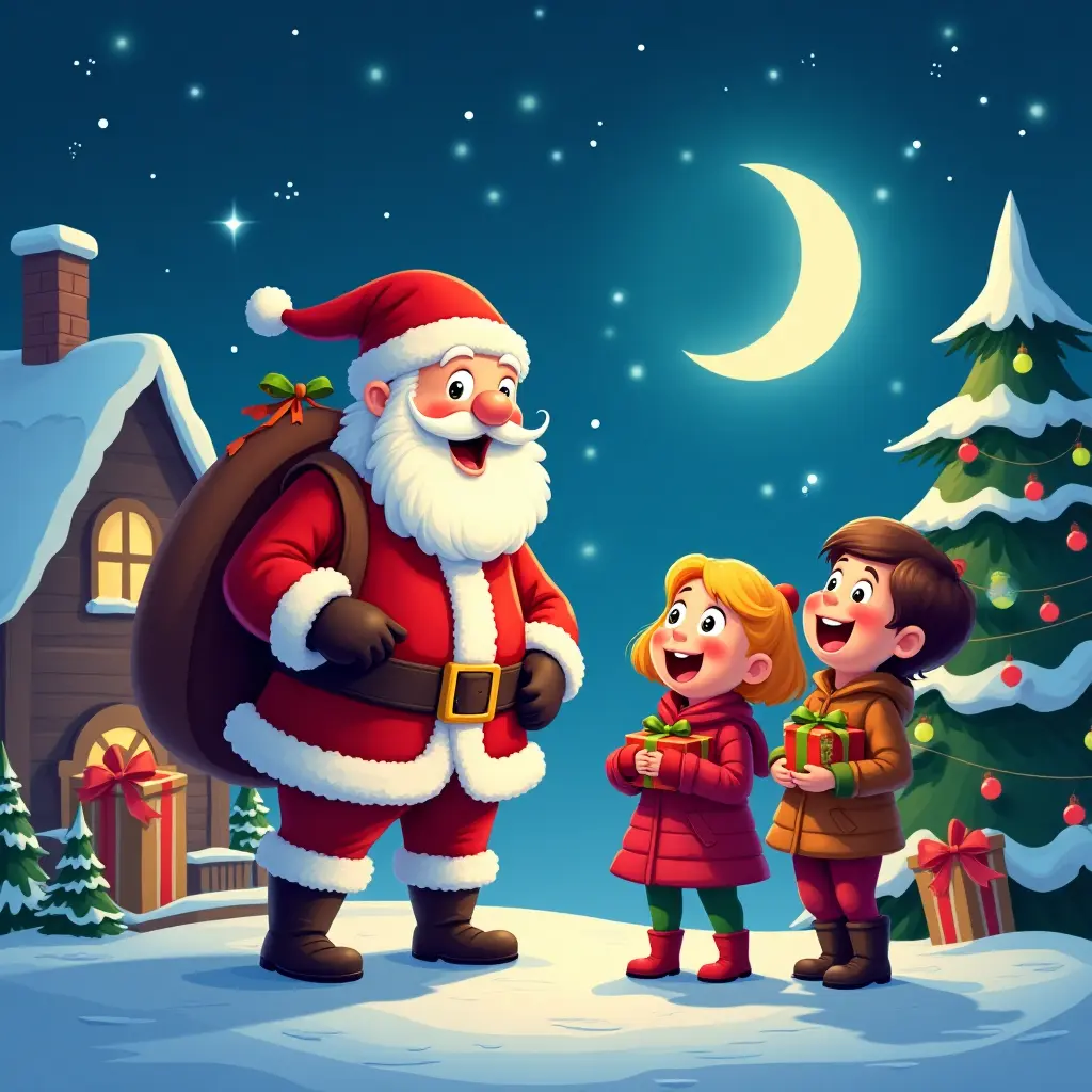 vibrant, cartoonish style, 4k,a festive scene where Santa Claus is preparing for his journey. The cover captures the excitement and magic of Christmas Eve with children eagerly waiting for gifts.