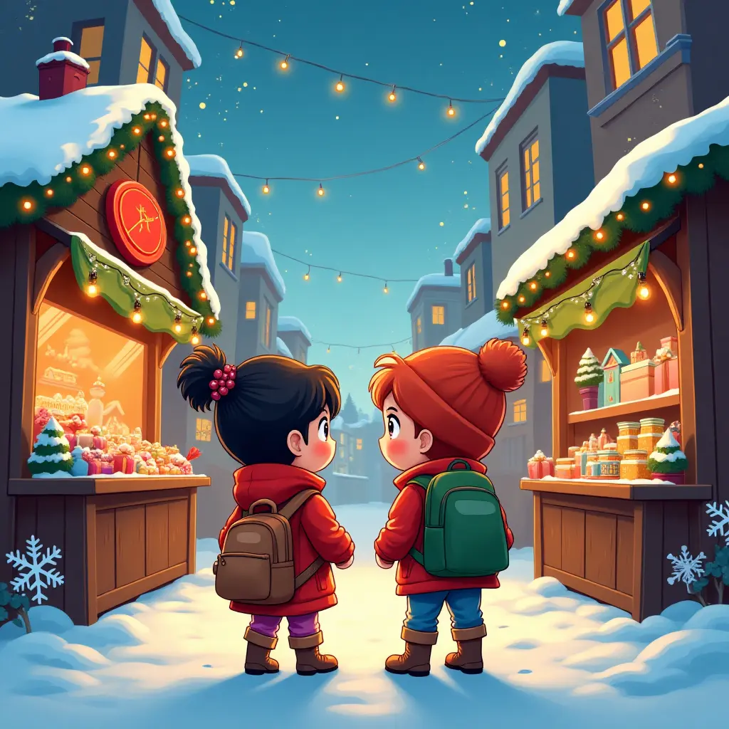 a comic in a detailed digital art style, showcasing a bustling Christmas market where various characters interact. From festive food stalls to joyful carolers, this story highlights the spirit of community during the holidays.