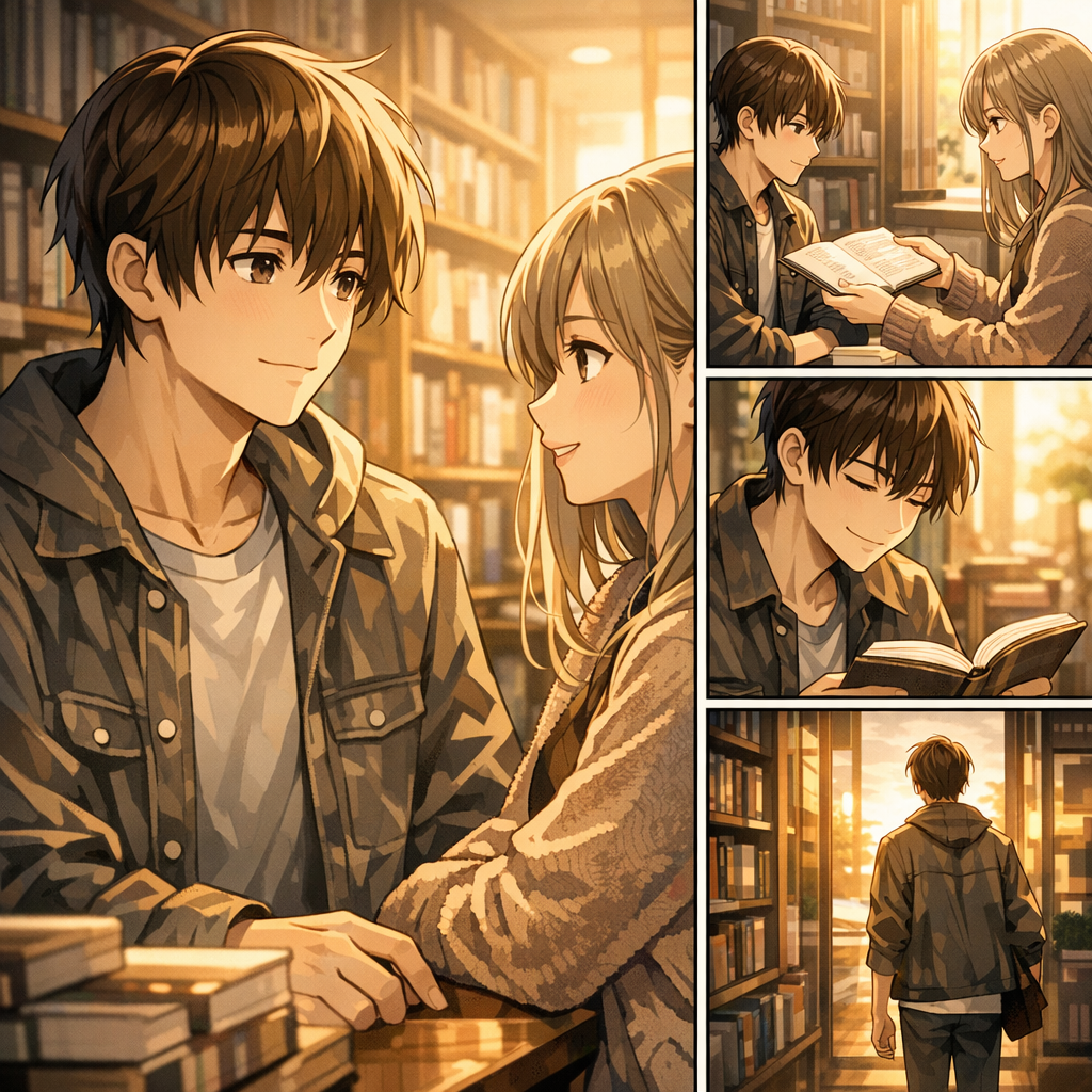 A manga-style illustrated conversation in a bookstore