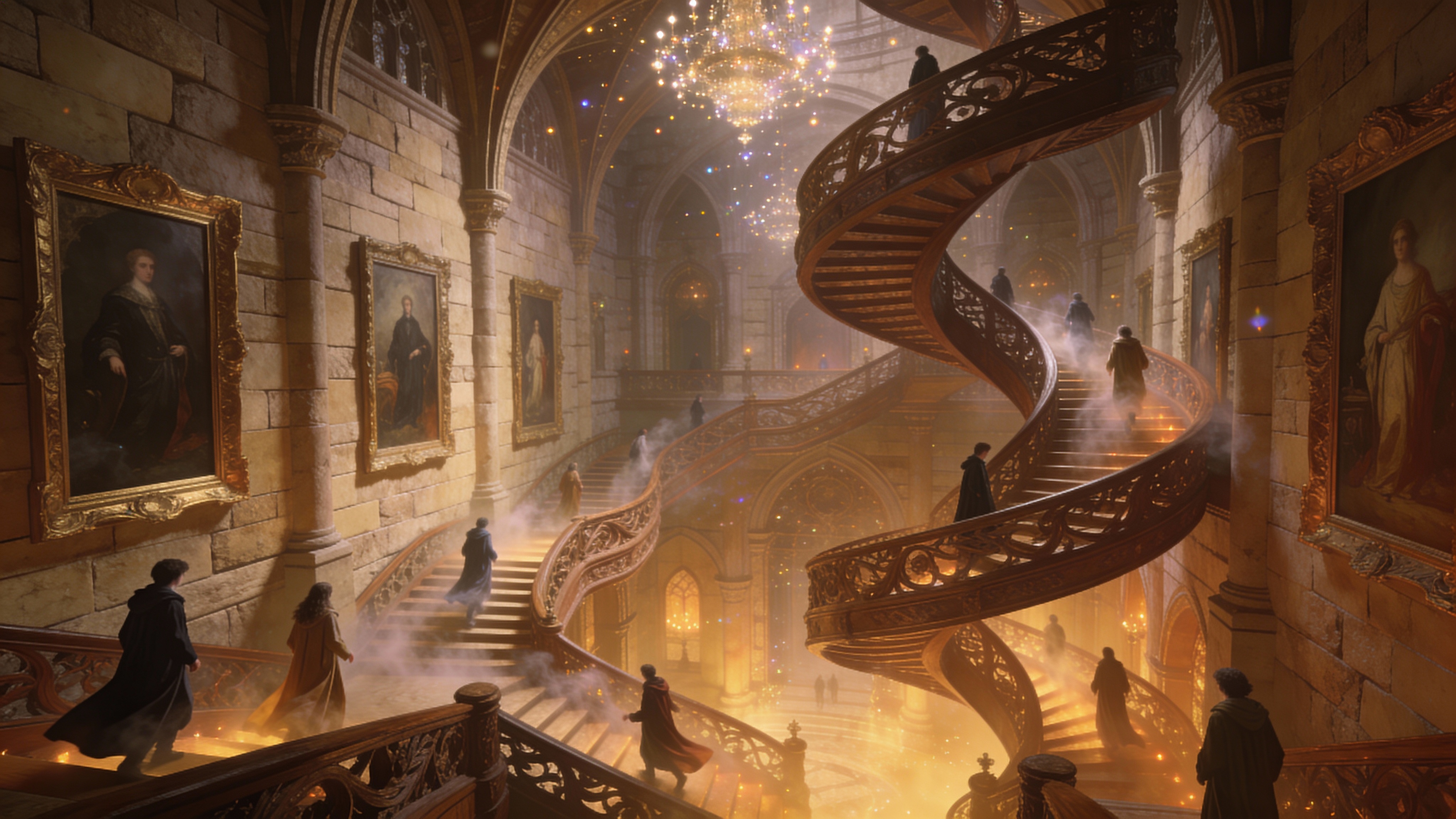 Cinematic storyboard shot of an enchanted staircase
