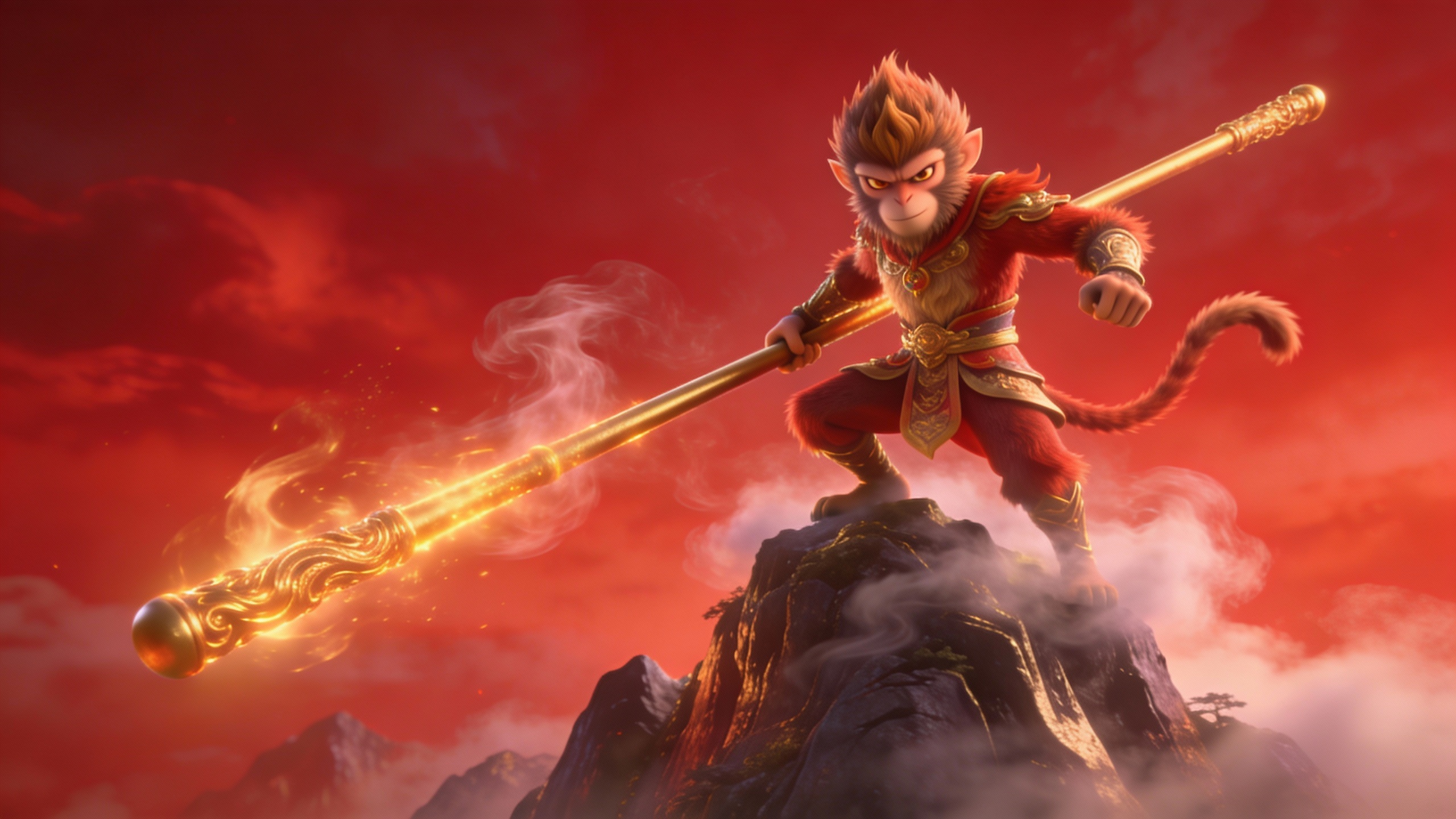 Cinematic storyboard shot of the Monkey King