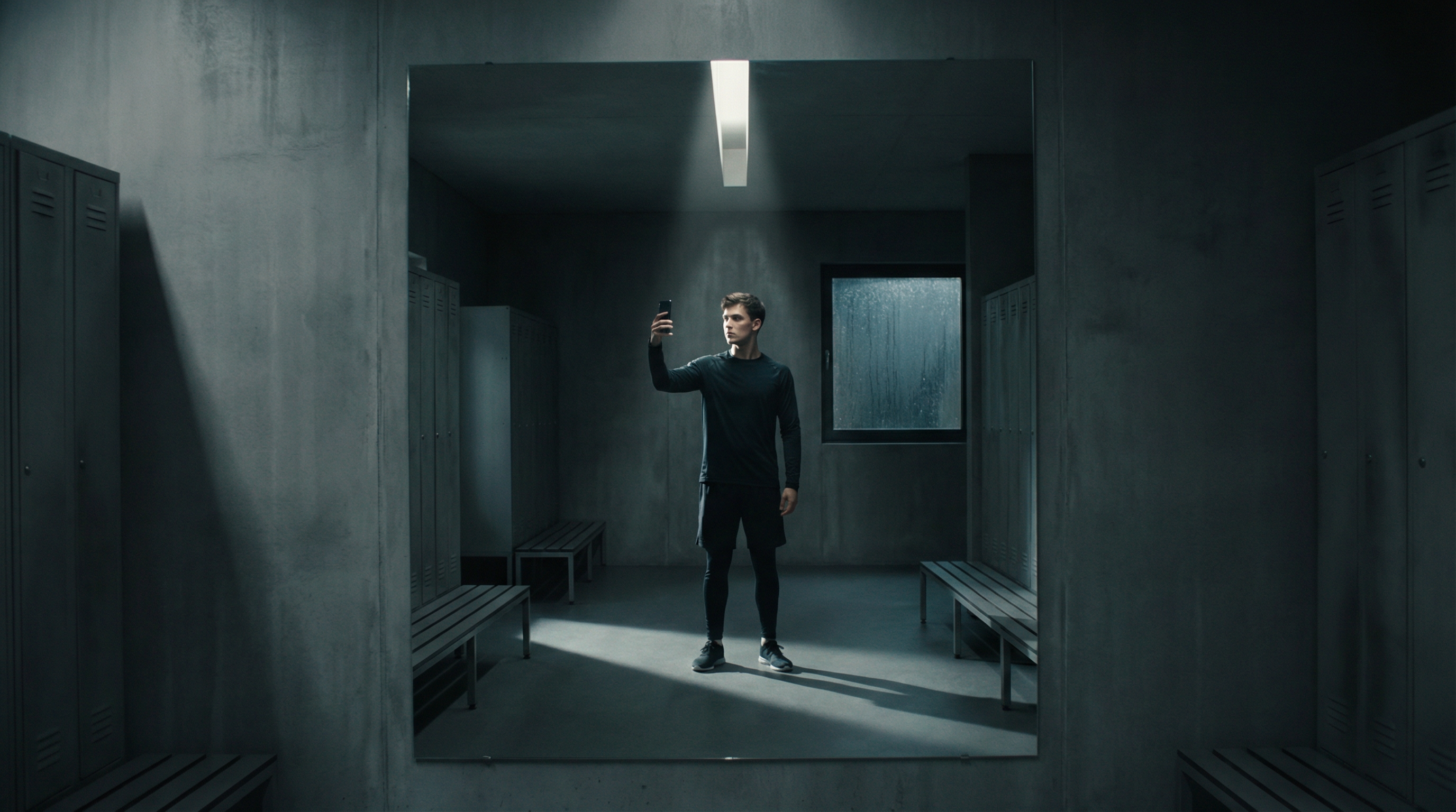 Photorealistic Mirror Selfie in a Modern Gym Locker Room