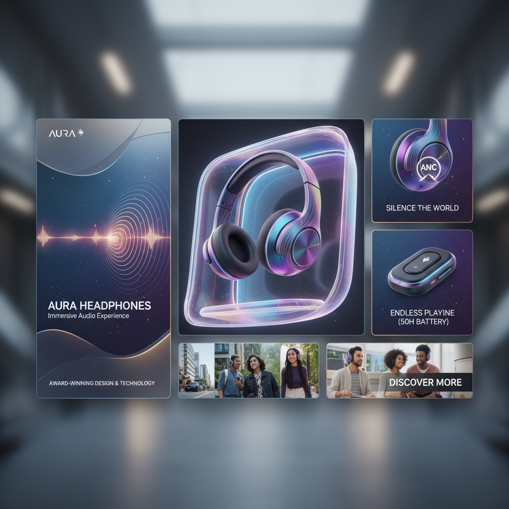 Premium liquid glass Bento grid product infographic with 8 modules
